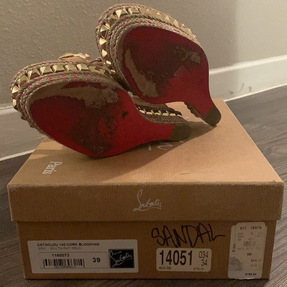 Authentic Louboutin Cork Bloom Print Cataclou Studded Wedge Sandals in Light Gol - Picture 9 of 17